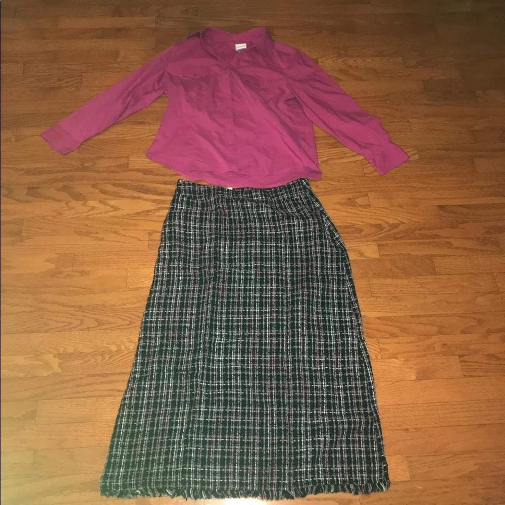 CHICOS Pink Button Up Collar Blouse & Skirt Outfit